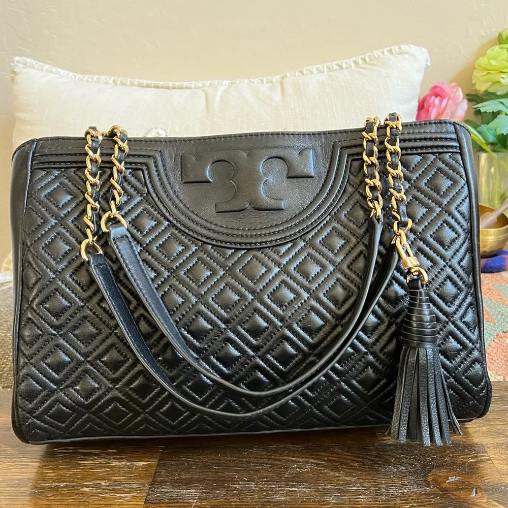 Tory Burch Fleming Quilted Black Leather Chain Straps Tassel Shoulder Bag